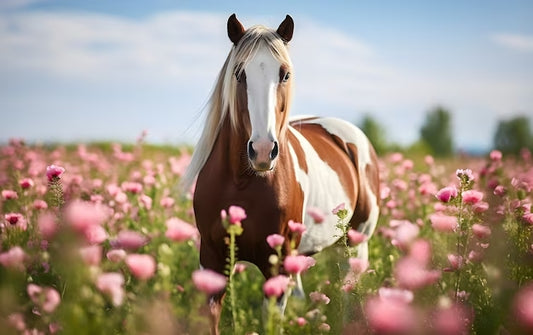Cheval pie dans un champ de fleur