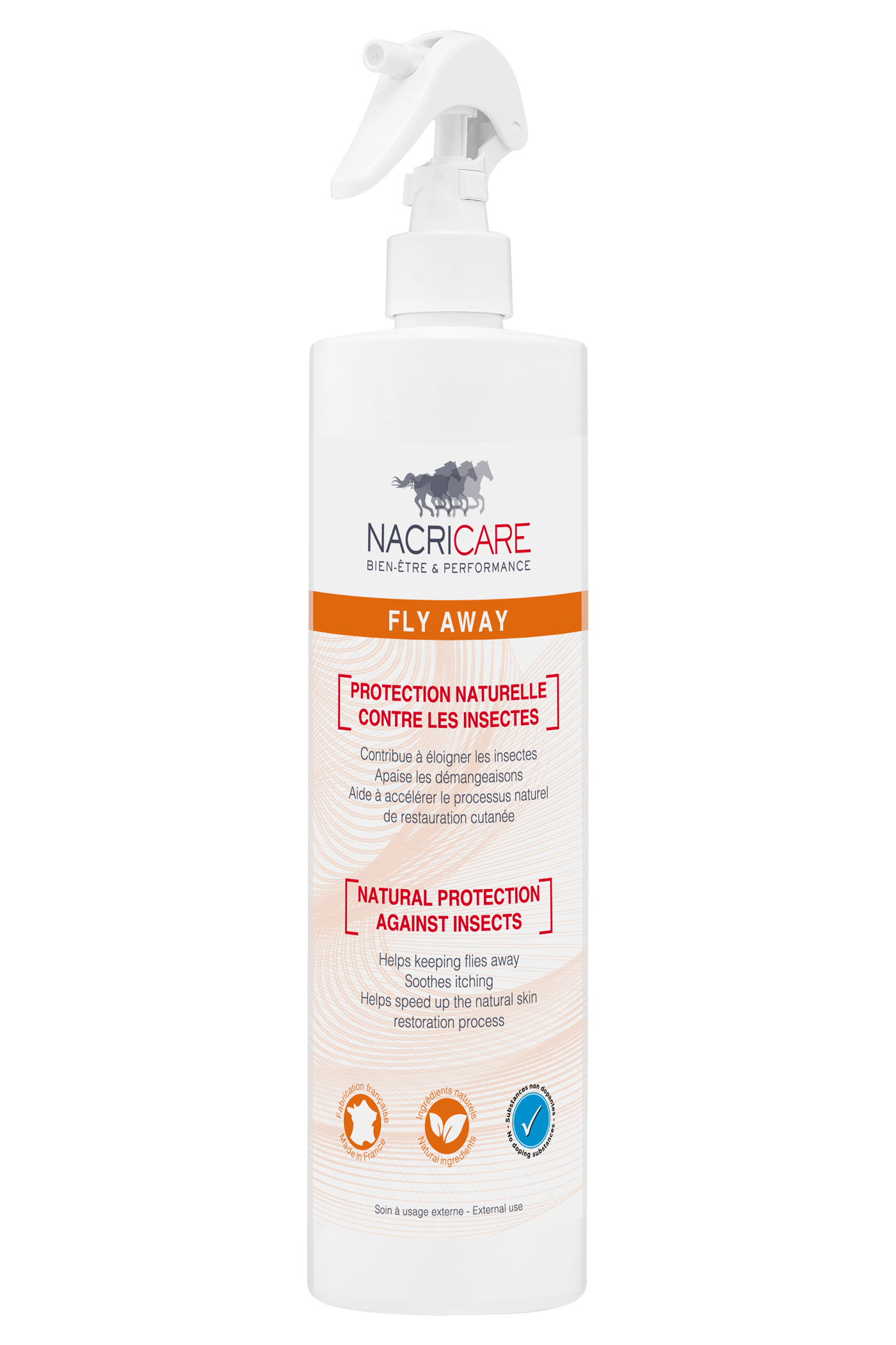 Spray de 500ml de solution 100% naturelle, spécialement conçue pour éloigner les insectes volants et favoriser la cicatrisation de lésions préexistantes de dermite estivale. FLY AWAY de NACRICARE