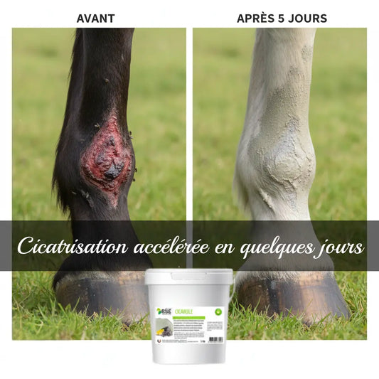 Avant-après Cicargile : cicatrisation d'une plaie de patte de cheval en 5 jours.