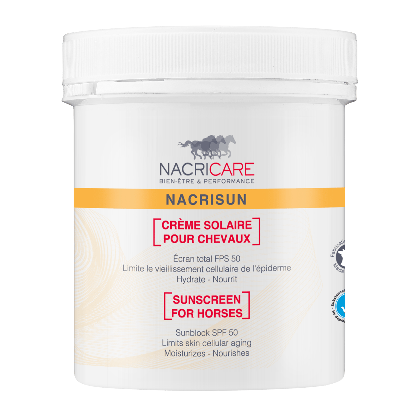 Pot de 200ml de crème solaire Nacrisun de la marque Nacricare pour prévenir les brûlures des chevaux, poneys et des ânes soumis à une exposition solaire prolongée.