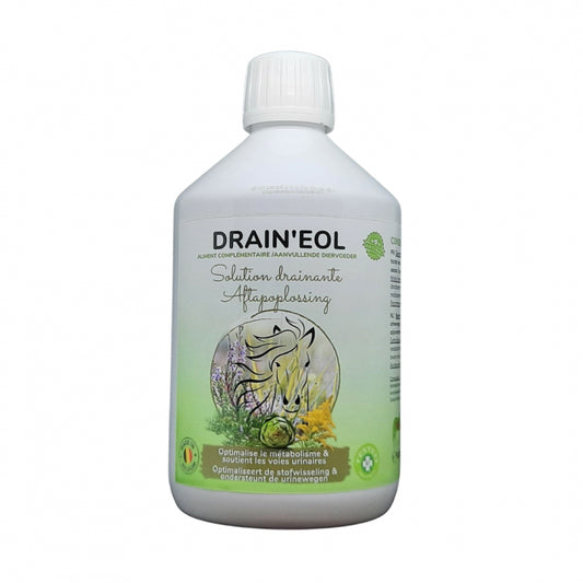 Flacon de 500ml d'aliment complémentaire pour drainer le foie et les reins des chevaux. Drain'eol de Essence of life