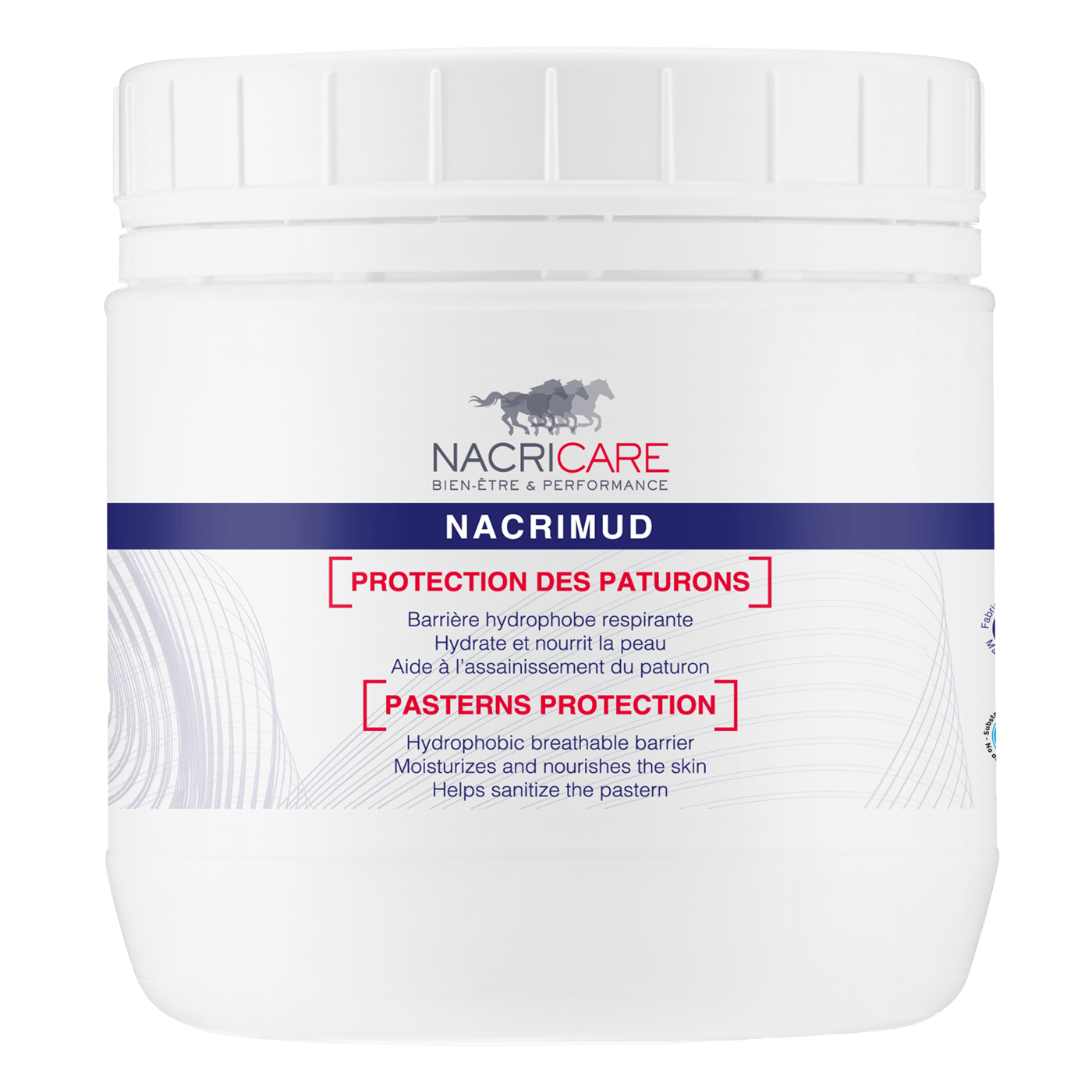 Pot de 500ml de crème Nacrimud de Nacricare qui prévient la gale de boue du cheval ou du poney au pré ou au paddock, susceptible d’être soumis à des conditions climatiques humides et dans un environnement boueux favorisant le développement de la gale de boue.