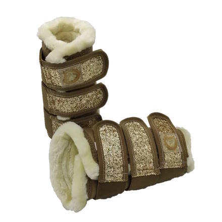 Guêtres de protection des tendons beige avec bandes de fermeture à paillettes dorées