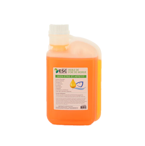 Flacon Huile de foie de morue 1L ESC Laboratoire complément alimentaire cheval reprise d'état.
