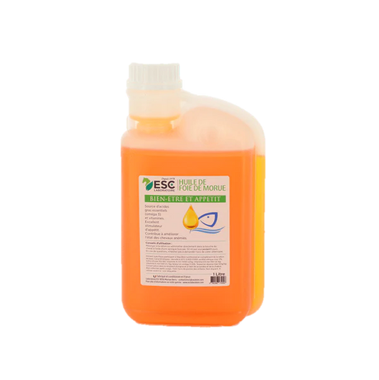 Flacon Huile de foie de morue 1L ESC Laboratoire complément alimentaire cheval reprise d'état.