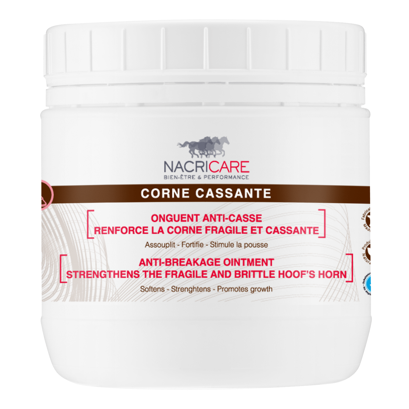 Pot de 500ml d'onguent pour sabots qui renforce la corne fragile et cassante de la marque NACRICARE