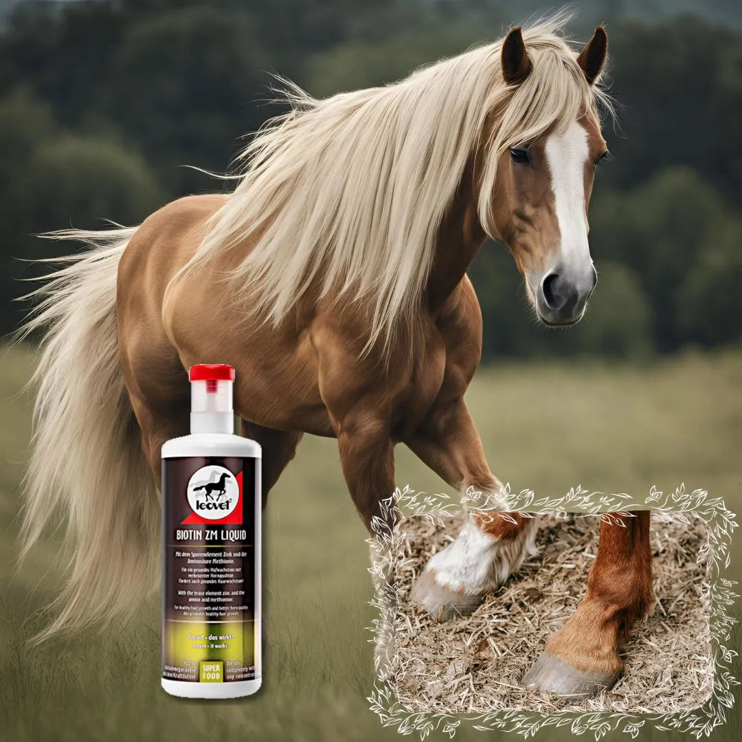 Cheval de sport avec sabots renforcés et poil brillant grâce à Leovet Biotine ZM