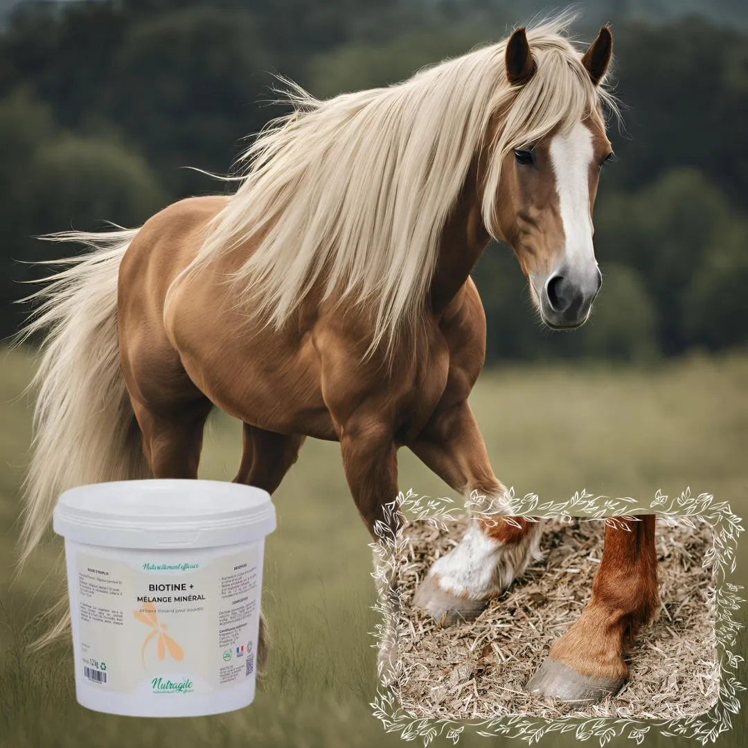 Présentation de la biotine en poudre de Nutragile avec des sabots de cheval et des crins pour expliquer l'utilité de la biotine pour la pousse de la corne et des crins