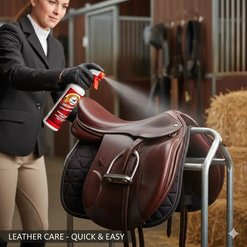 Application du soin cuir glycériné Leovet sur une selle d'équitation