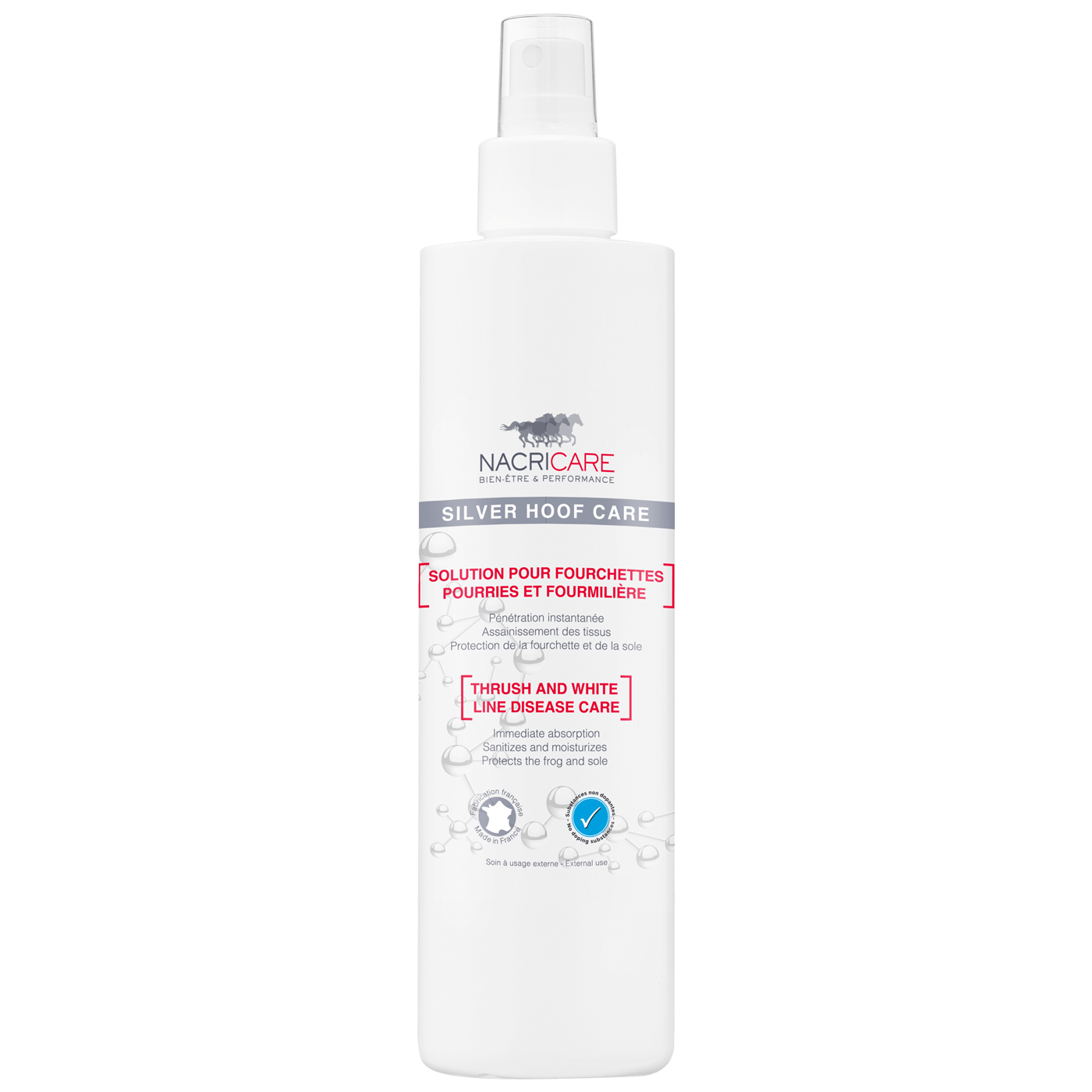 Flacon de 250 ml de Solution « Silver Hoof Care » de Nacricare contre la pourriture des fourchettes chez le cheval et le poney ainsi que des fourmilières du sabot. Propriétés germicides, bactéricides et fongicides qui renforcent la protection contre les agents responsables de la pourriture de la fourchette et de la fourmilière