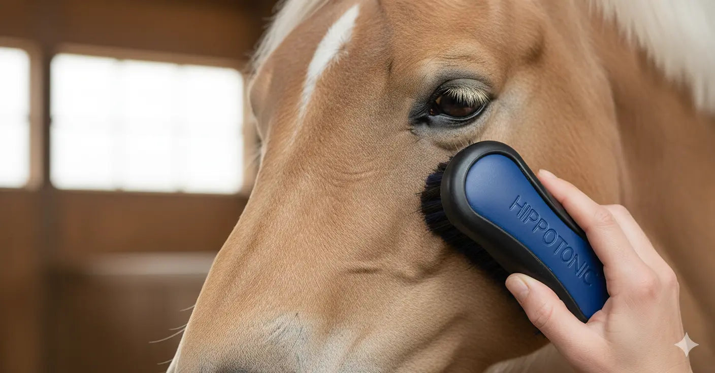 Utilisation de la brosse Hippotonic Soft sur la tête d'un cheval sensible.