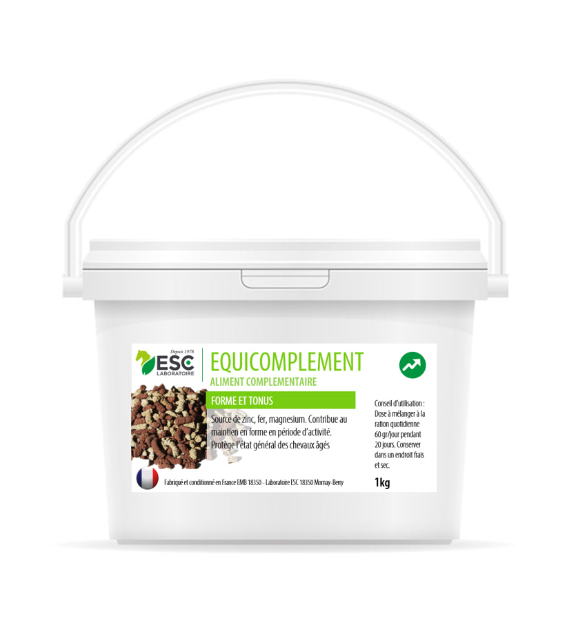 Seau de 1 kg de Complément alimentaire contenant du magnésium, du zinc et du Sélénium pour la prévention de la fatigue et le maintien en forme du cheval. Equicomplément ESC laboratoire