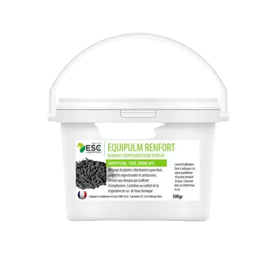 Seau de 1kg de complément alimentaire formulé à base de plantes pour soigner ou prévenir l'emphysème, la toux et la bronchite chez le cheval. Equipulm renfort de ESC Laboratoire
