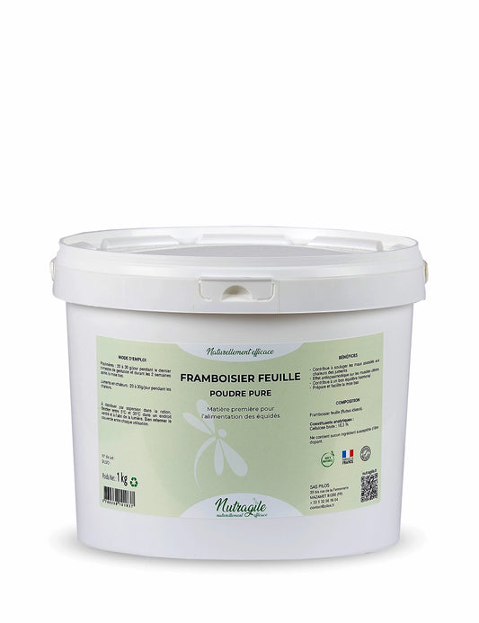 seau de 1 kg de feuille de framboisier en poudre de la marque nutragile pour le confort hormonal des juments. soulage les chaleurs des juments