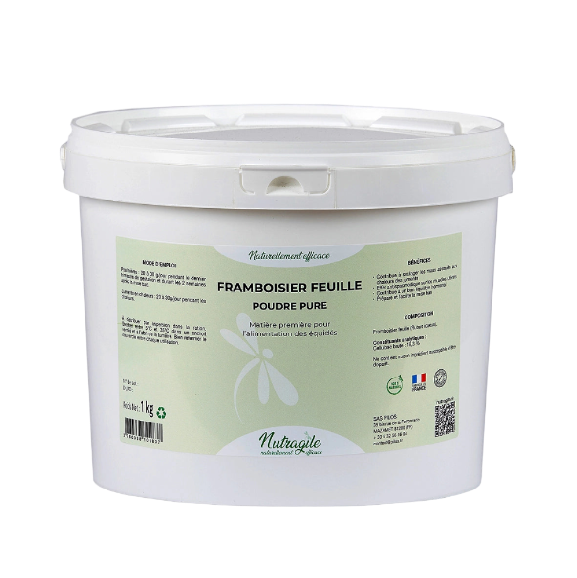 Pot de poudre de Framboisier Nutragile (Rubus idaeus) pour soulager les chaleurs douloureuses des juments.