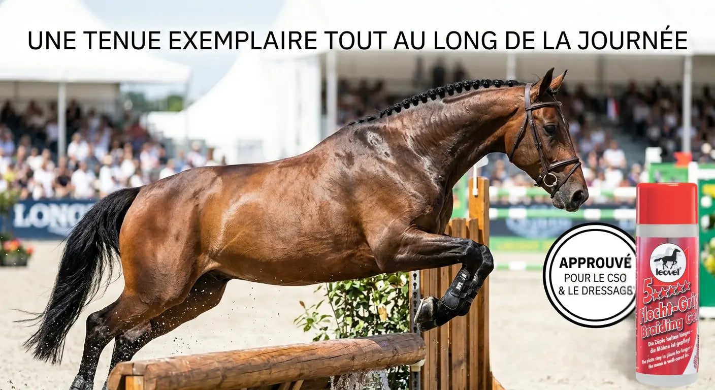 Cheval de concours en mouvement avec des pions impeccables qui tiennent durablement grâce au gel Leovet.