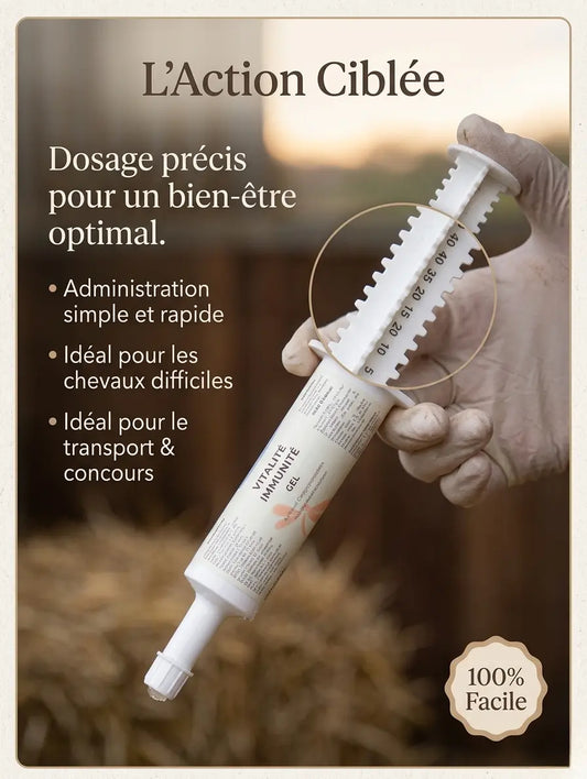 Utilisation facile de la seringue Vitalité Nutragile pour chevaux.