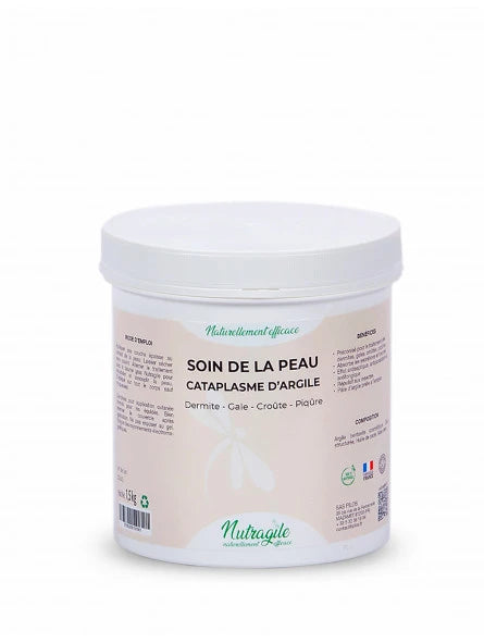 Pot de cataplasme d'argile pour le soin de la peau des chevaux. Traitement dermite gale croutes piqures