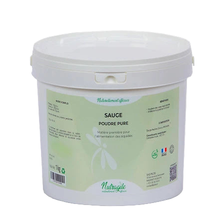 Seau de Sauge Officinale Poudre Nutragile pour cheval, soutien respiratoire et hormonal naturel.