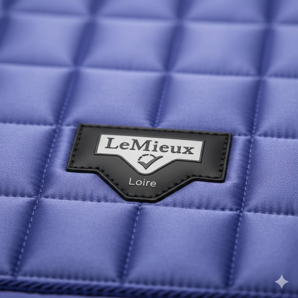 Détail logo métallique LeMieux sur tapis satin Bluebell.