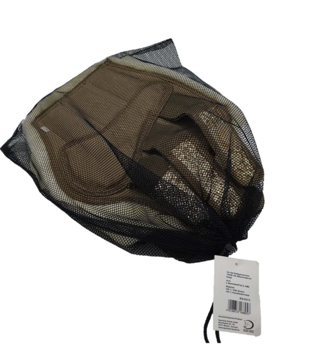 Guêtres de protection des tendons beige avec bandes de fermeture à paillettes dorées dans leur emballage de transport