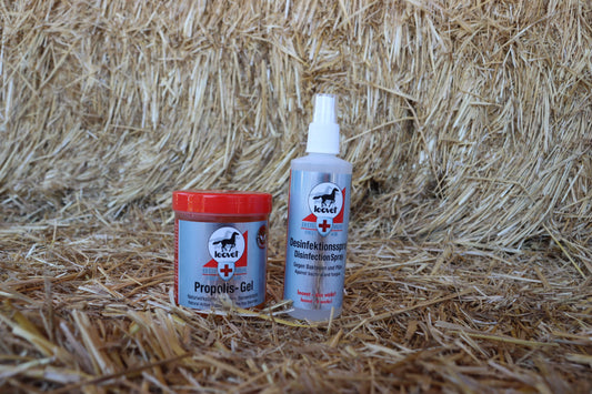 Lot de produits de la marque LEOVET Pot de 300ml de gel cicatrisant au propolis plus un flacon de spray désinfectant de 200ml