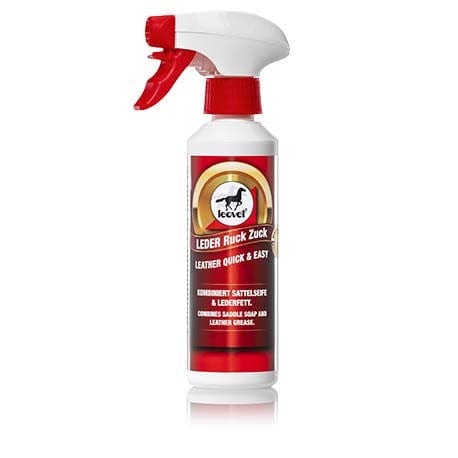 Spray de 250ml de Soin Cuir « Leather Care Quick & Easy » de Leovet Combine l’effet du savon glycériné et de la graisse, ce soin pour cuir tout-en-un à base d’huiles végétales naturelles nettoie, protège contre les agressions extérieures et fait briller votre équipement efficacement, soin sous forme liquide ultra pratique.