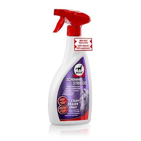 Spray de 550ml de shampoing sec, de la marque Leovet, pour cheval ou poney blanc ou gris particulièrement recommandé pour éliminer facilement et sans mouiller les tâches persistantes d’urine, de fumier, d’herbe