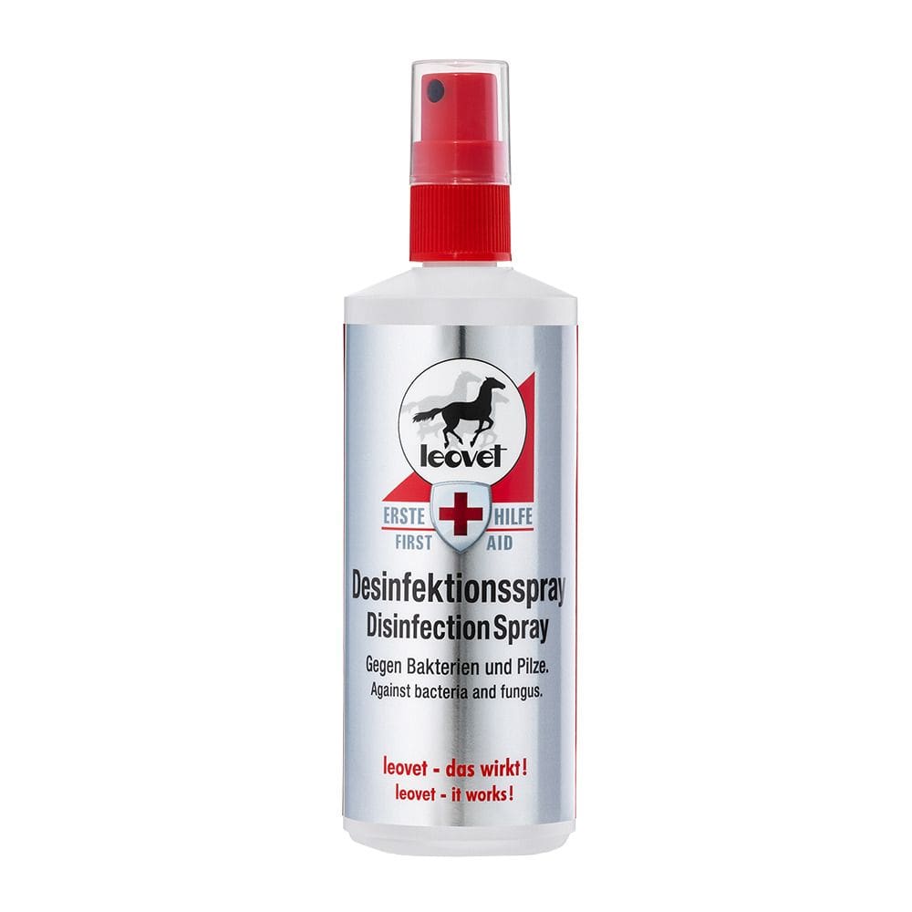Spray de 200ml de la gamme First Aid de Leovet désinfectant pour la peau du cheval à appliquer lors de blessure superficielle, écorchure ou irritation.