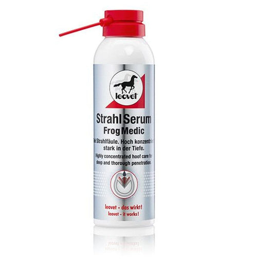 Spray de FrogMedic de Leovet 200ml contre la pourriture de fourchette ou pour protéger la sole des sabots des chevaux évoluant en zone humide ou affectés par des bactéries. Spécialement conçu pour être utilisé dans les cas aigus : il pénètre profondément, se répand dans les sillons et dans les petites fissures, atteignant ainsi les points cariés.