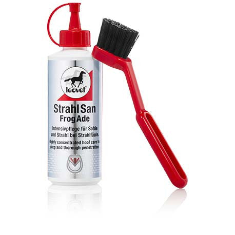 Flacon de 200ml de solution pour fourchette pourrie à appliquer sous le sabot du cheval lors de pourriture de fourchette ou de sole ramollie FROGADE de LEOVET