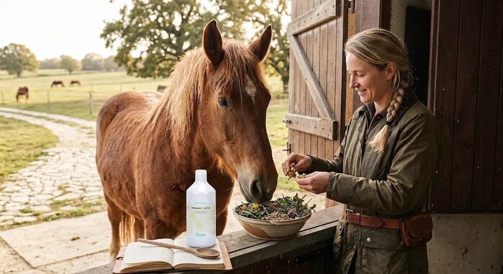 Femme préparant des plantes et un draineur détox Nutragile pour son cheval en écurie.