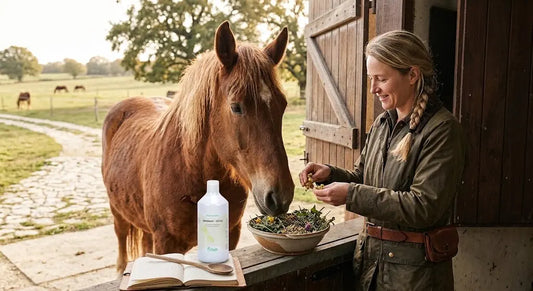 Femme préparant des plantes et un draineur détox Nutragile pour son cheval en écurie.