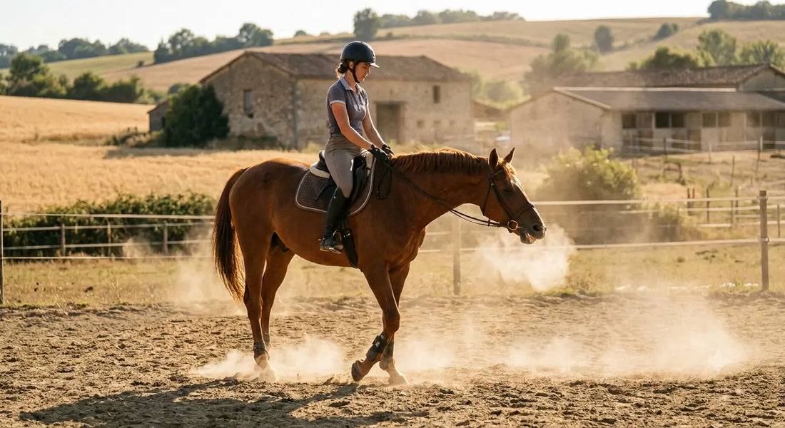 Cheval evoluant avec son cavalier dans un environnement poussiéreux