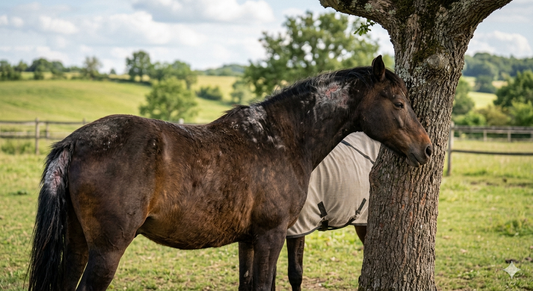 Cheval atteint de dermite estivale se gratte contre un arbre
