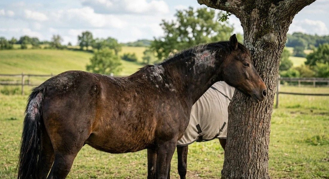 Cheval atteint de dermite estivale se gratte contre un arbre