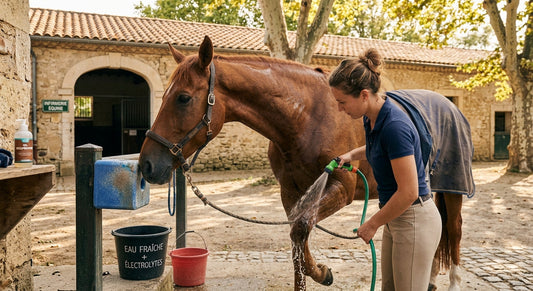 Une cavalière rafraîchit un cheval alezan au jet d'eau après un effort sous la chaleur à l'écurie, à côté d'un seau d'électrolytes.