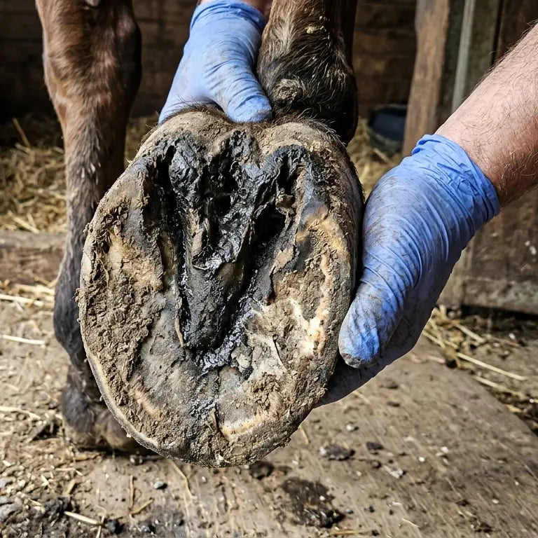 Pied d'un cheval avec la fourchette pourrie et en mauvais état