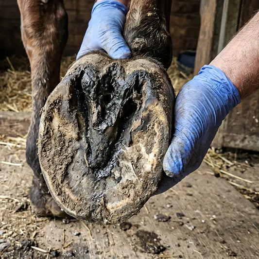 Pied d'un cheval avec la fourchette pourrie et en mauvais état