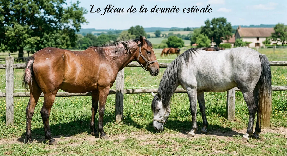 Dans un pâturage ensoleillé du Lauragais, deux chevaux se tiennent debout près d'une clôture en bois : un cheval brun à la robe abîmée par la perte de poils due à la dermite estivale, et un cheval gris pommelé sain qui broute de l'herbe verte.