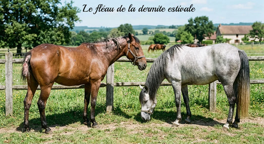 Dans un pâturage ensoleillé du Lauragais, deux chevaux se tiennent debout près d'une clôture en bois : un cheval brun à la robe abîmée par la perte de poils due à la dermite estivale, et un cheval gris pommelé sain qui broute de l'herbe verte.