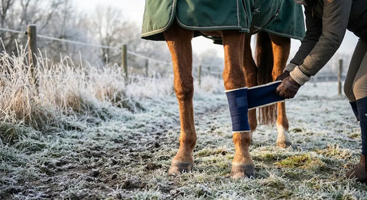 Gros plan sur un soignant appliquant une bande de repos sur le membre d'un cheval dans un pré enneigé et gelé, illustrant la prévention des raideurs hivernales et le soin des articulations du cheval par temps froid.