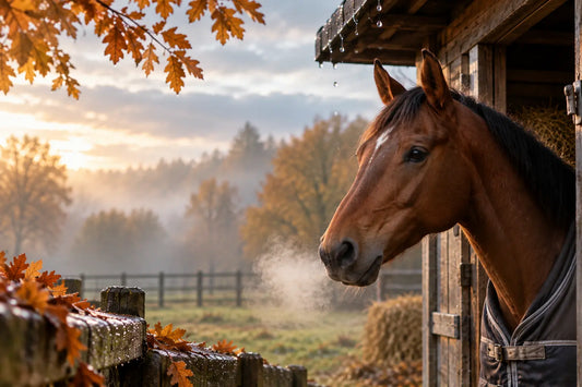 Cheval à l’écurie par une matinée fraîche et humide d’automne, illustrant la protection des voies respiratoires du cheval.