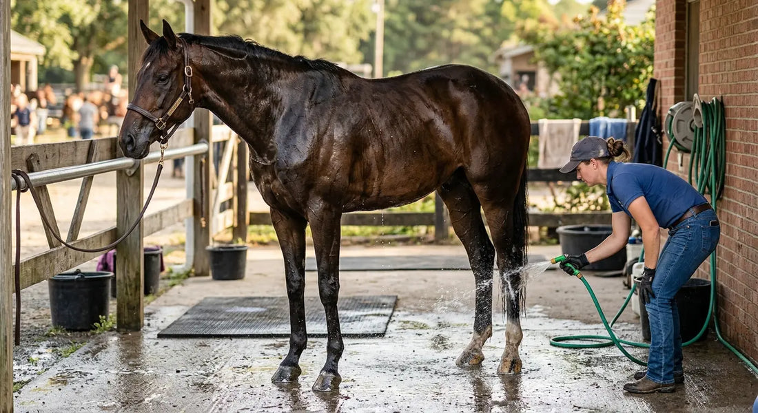 Une femme en tenue de cavalière, avec un polo bleu et une casquette, rince les jambes d'un cheval brun transpirant à l'aide d'un jet d'eau dans une zone de lavage de l'écurie. Le cheval est attaché près d'une barrière en bois et de murs en briques.