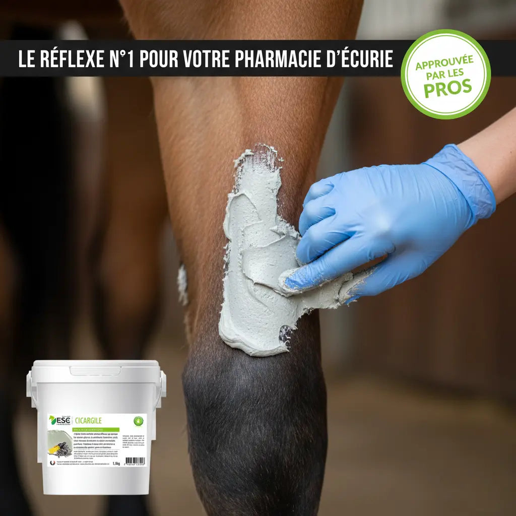 Application de la pâte Cicargile ESC Laboratoire sur une irritation cutanée équine.