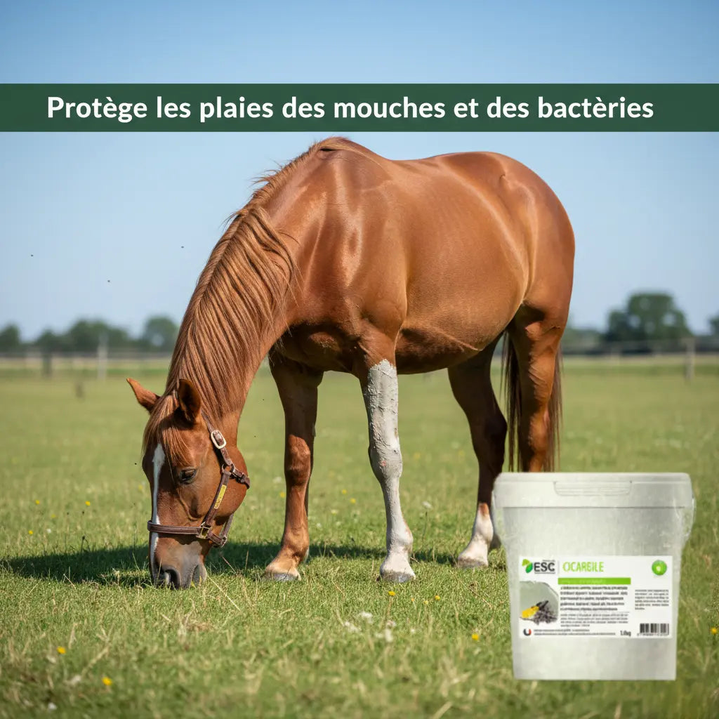 Protection de plaie de cheval au pré contre les insectes avec l'argile Cicargile.