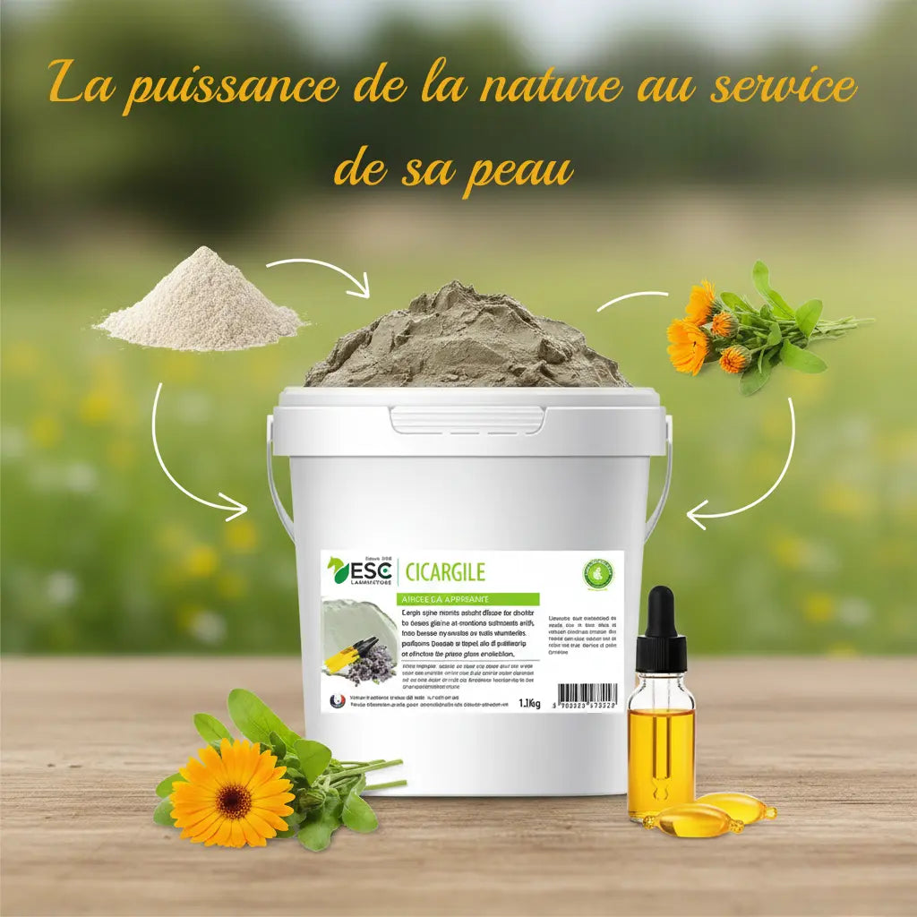 Ingrédients naturels du Cicargile : argile, calendula et huile de foie de morue pour chevaux.