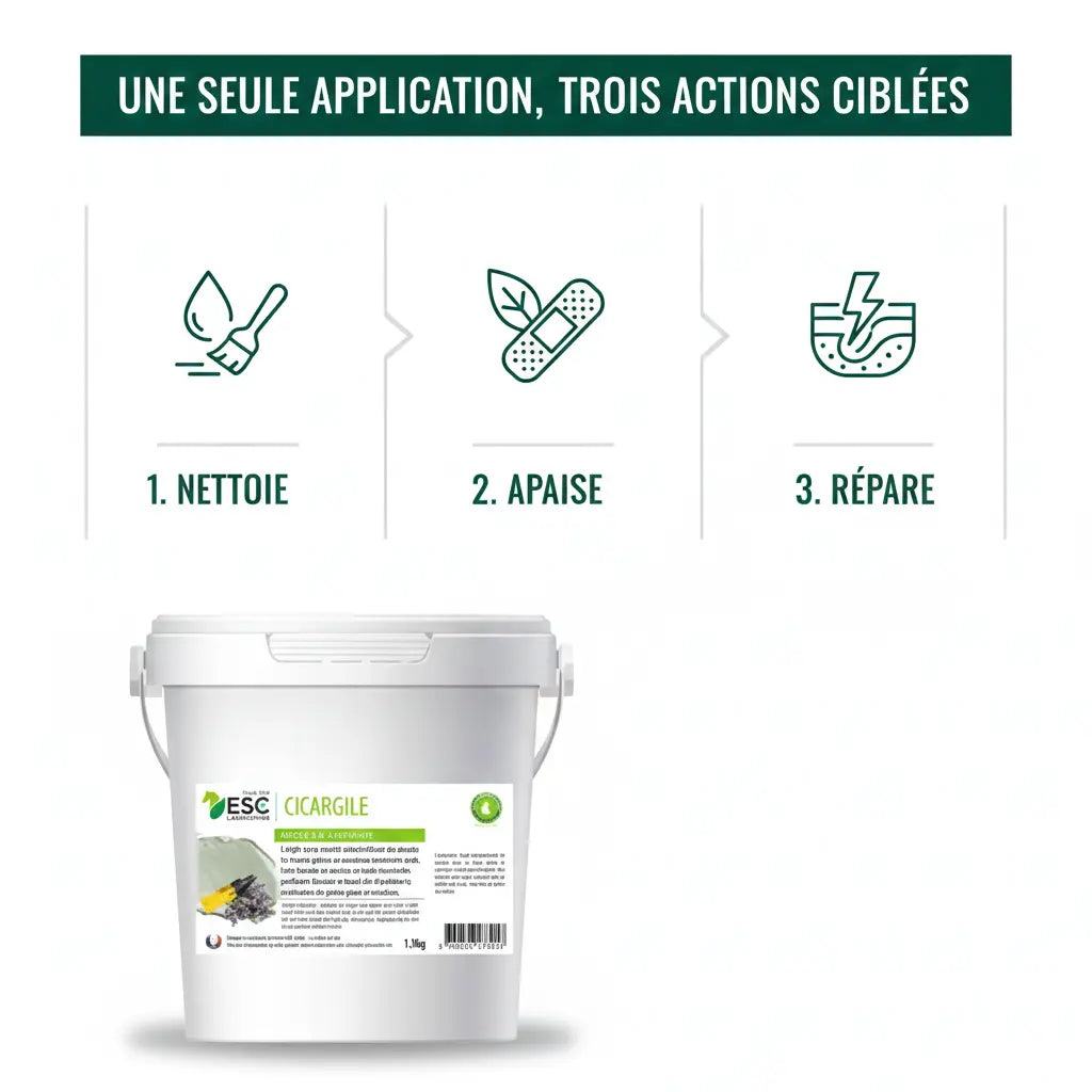 Bénéfices Cicargile : nettoie, apaise et répare les plaies et irritations du cheval.