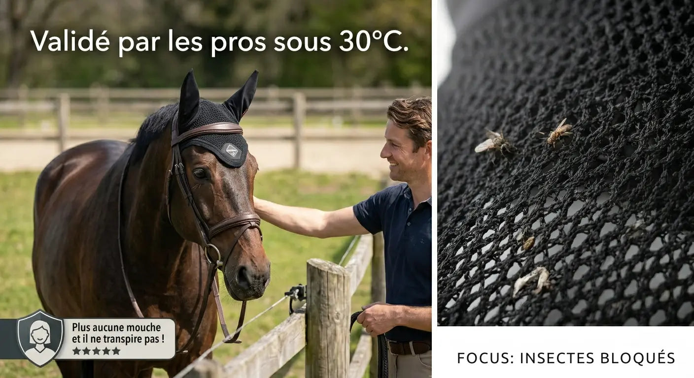 Bonnet anti-mouches LeMieux noir protégeant efficacement le cheval au travail en été.