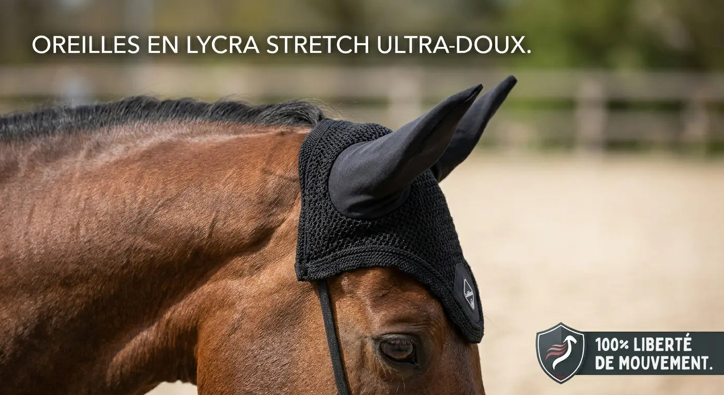 Oreilles en lycra souple du bonnet LeMieux Ultra Mesh pour protéger des mouches sans irritation.